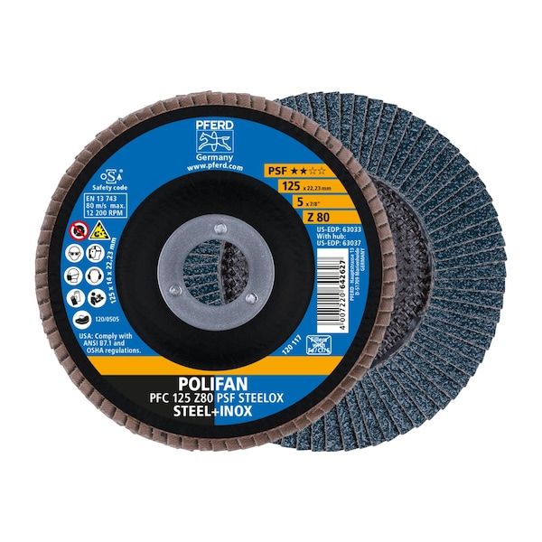 Pferd 5" x 7/8" A.H. POLIFAN Flap Disc - Z PSF STEELOX, Zirconia, 80 Grit, Conical 63033 - main